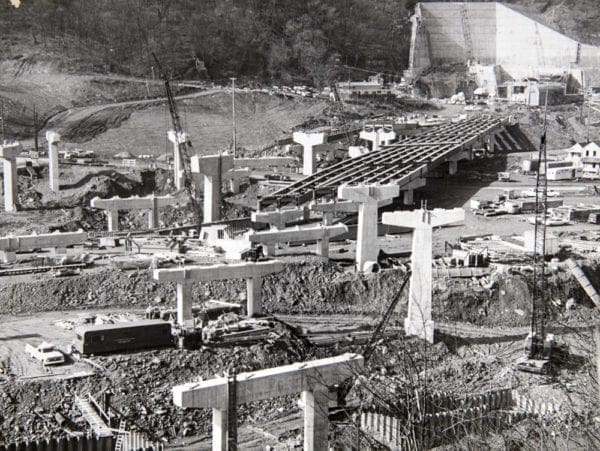 A photo of the steel supports for the decks of Interstate 70.