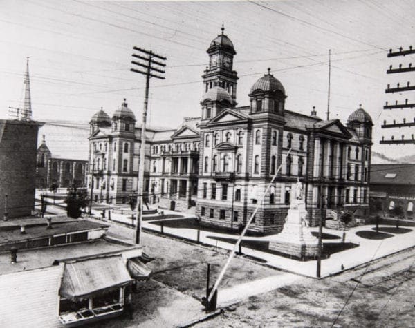 It is a black-and-white photo of the building meant to be the state capitol, but then because the county courthouse.