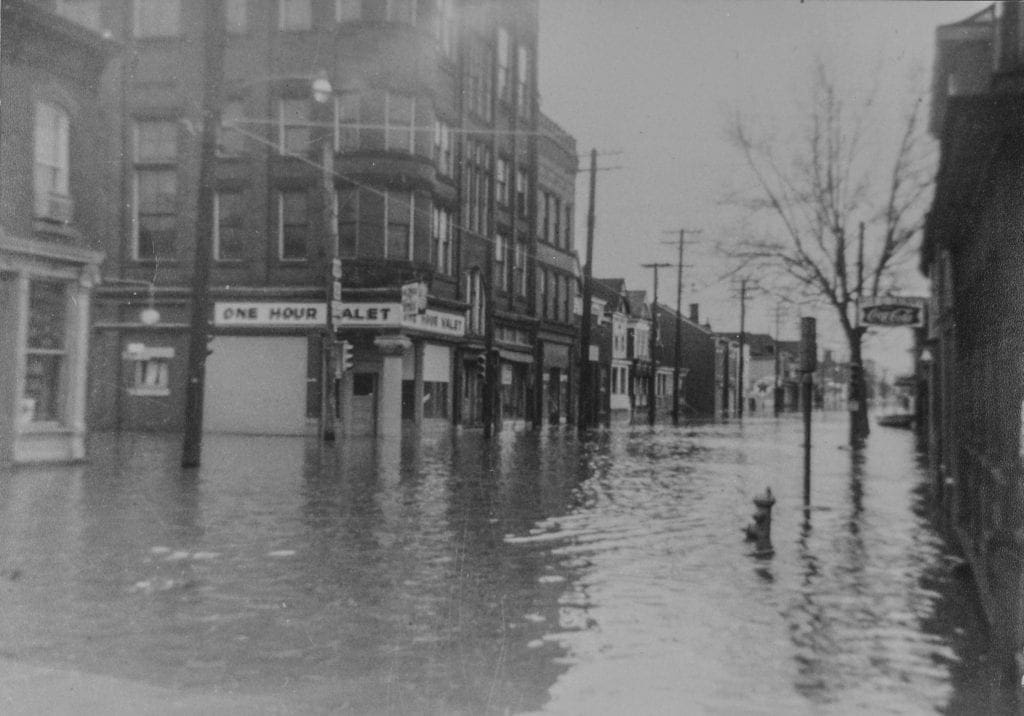 A photo of a flood in a downtown area.