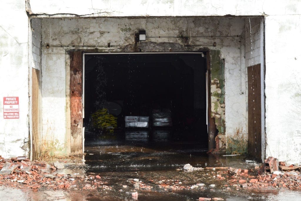 The inside of a burned building.