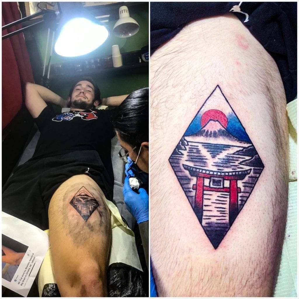 Two photos side by side of a young man getting a tattoo.