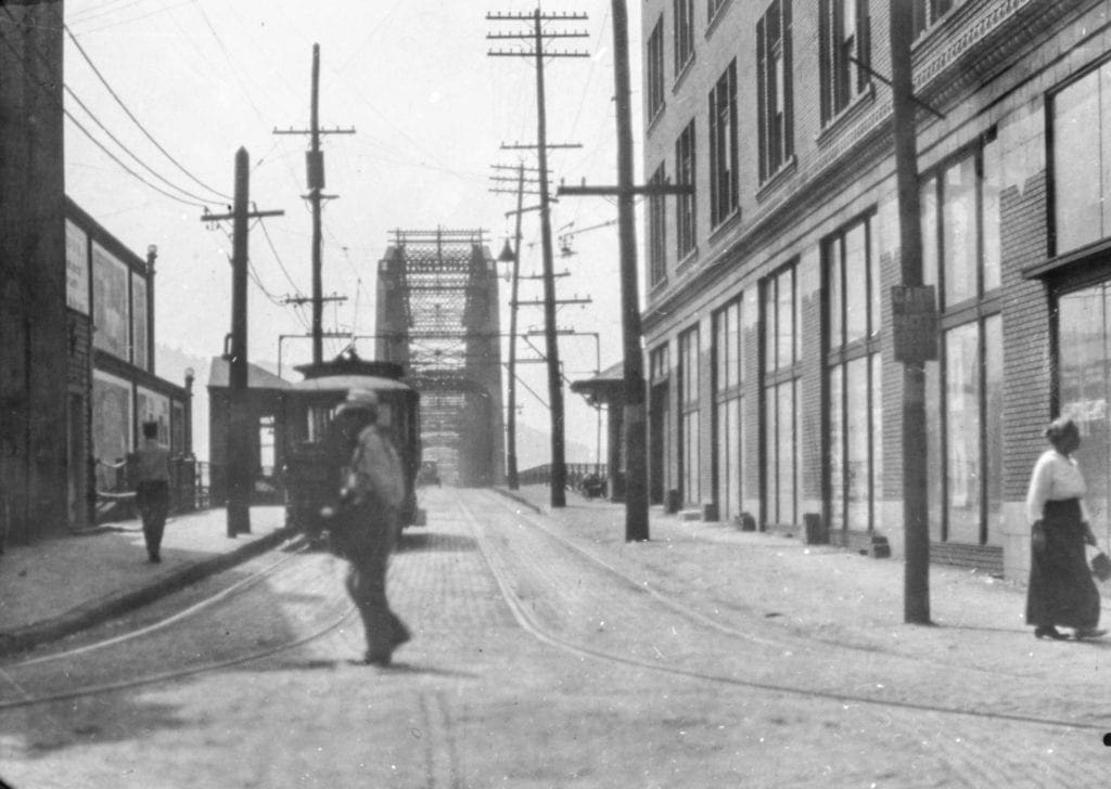 A historic photo of a former bridge.