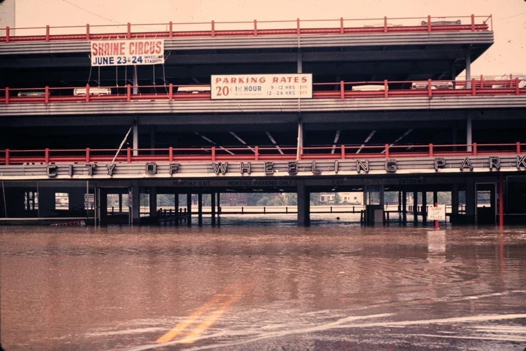 A parking garage in a flood.