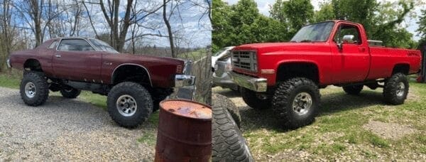 A lifted Chevy Cordobaand red Chevy truck arepictured