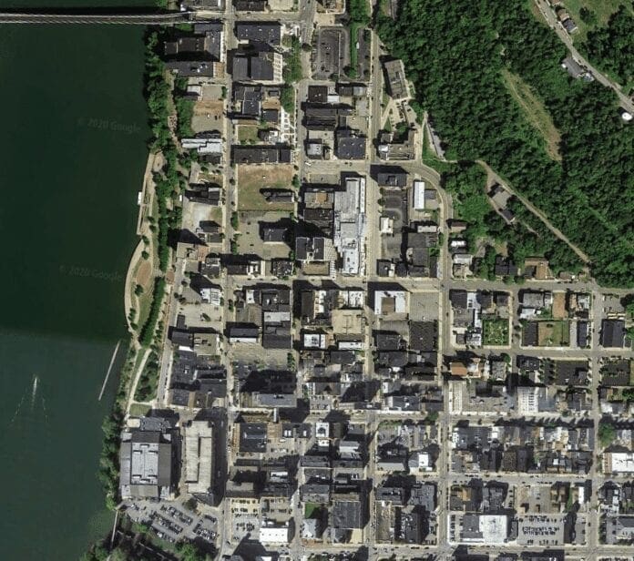 A bird's eye view of a downtown district.