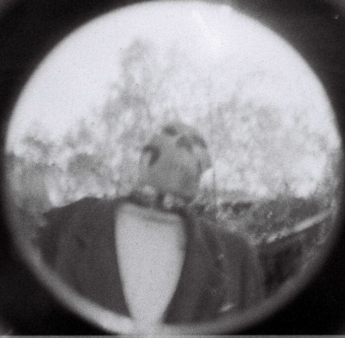 An obscure photo of a skeleton.