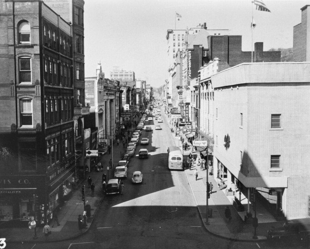 A historic photo of a downtown.