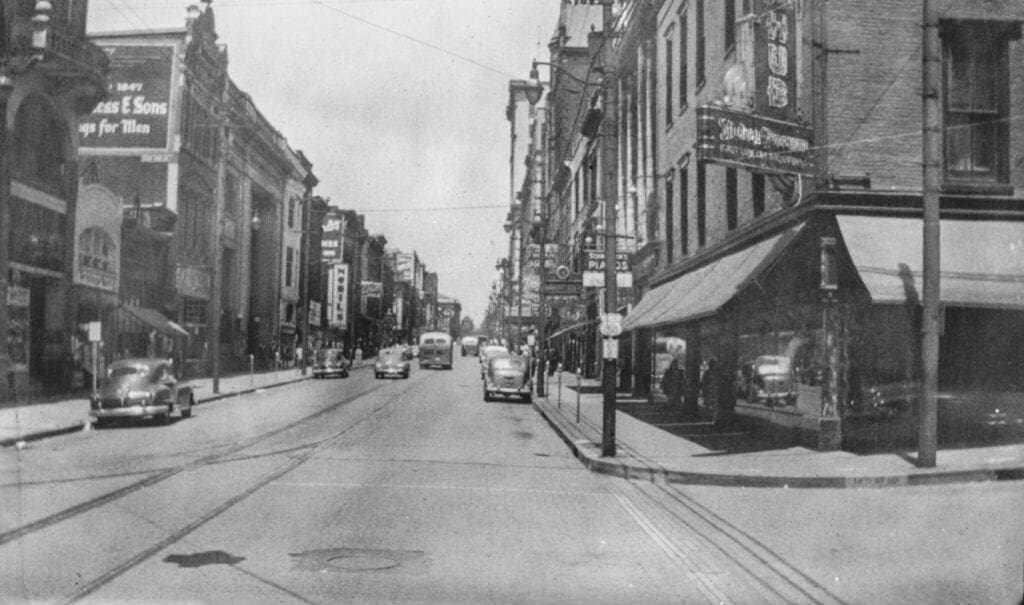 A photo looking down a downtown street.