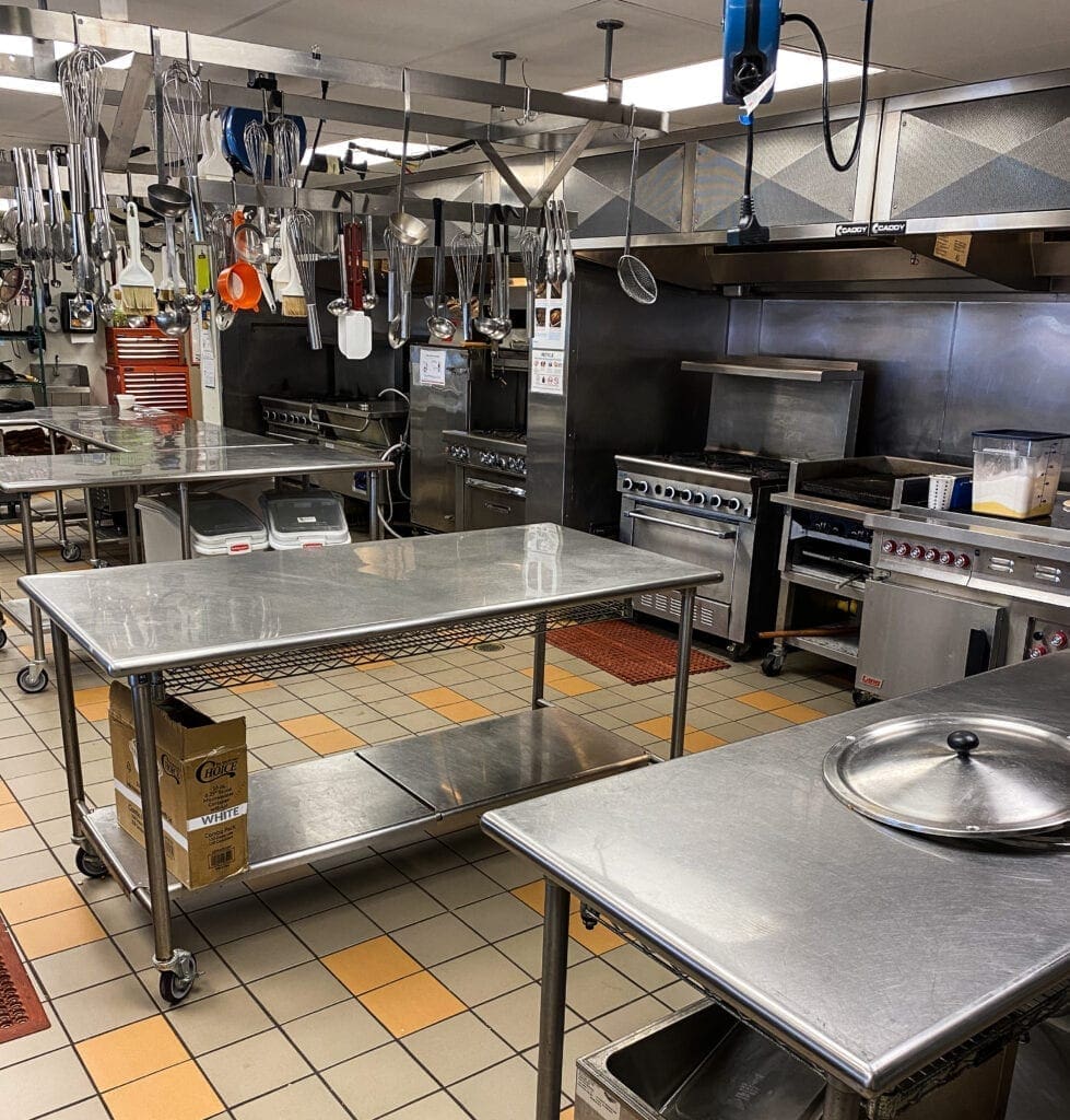 A prep kitchen at a cooking schools.