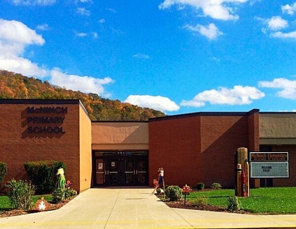 The front of a school building.
