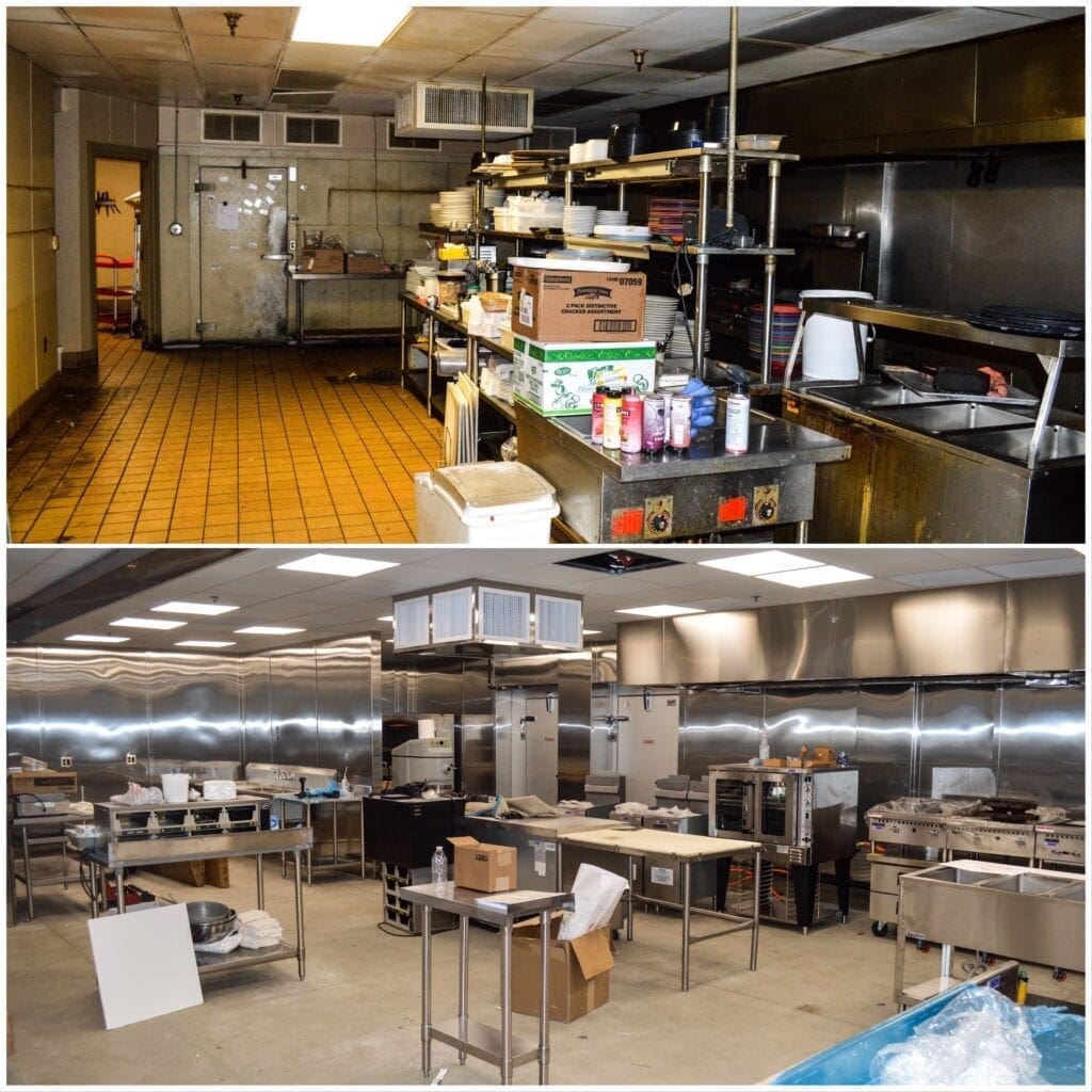 A collage of an old and new kitchen.