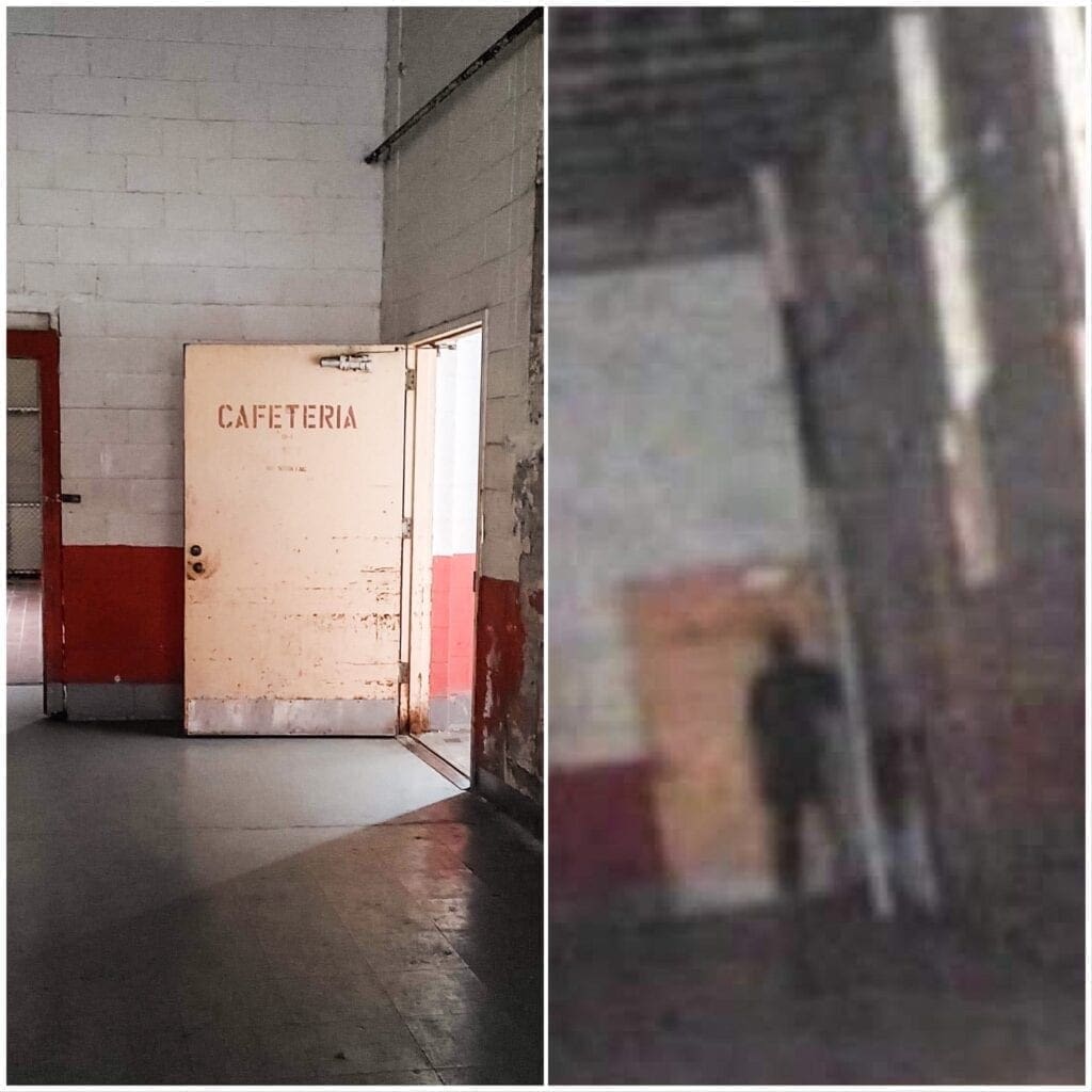 Two photos of an area in an old prison.