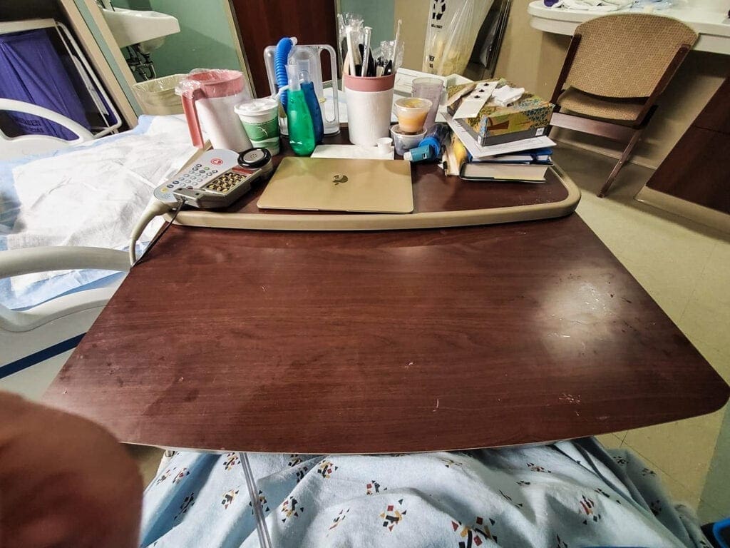 S table in a hospital room.
