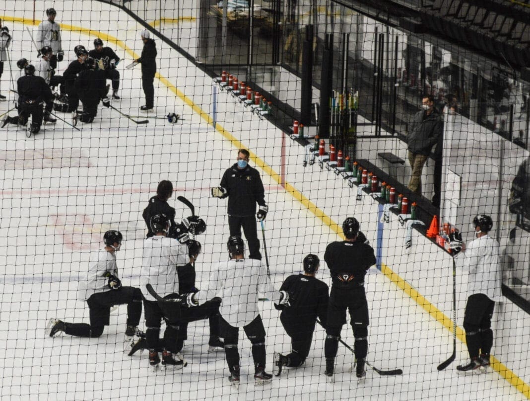 A hockey team on the ice.