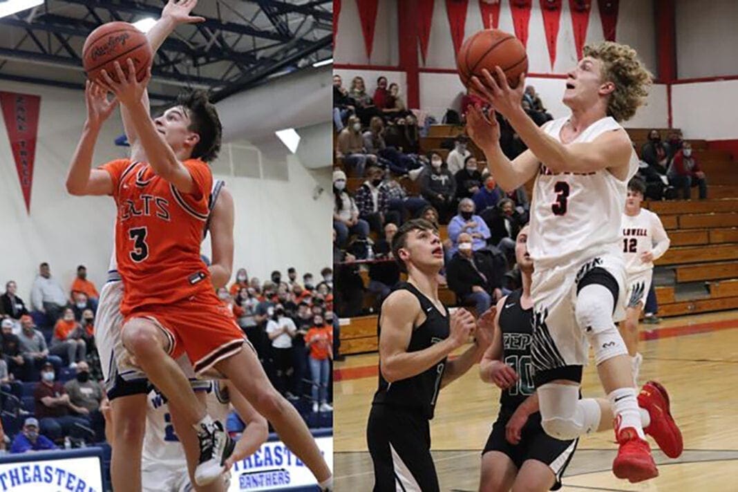 Caldwell's Bede Lori and Meadowbrook's Jake Singleton each attempt a lay-up.