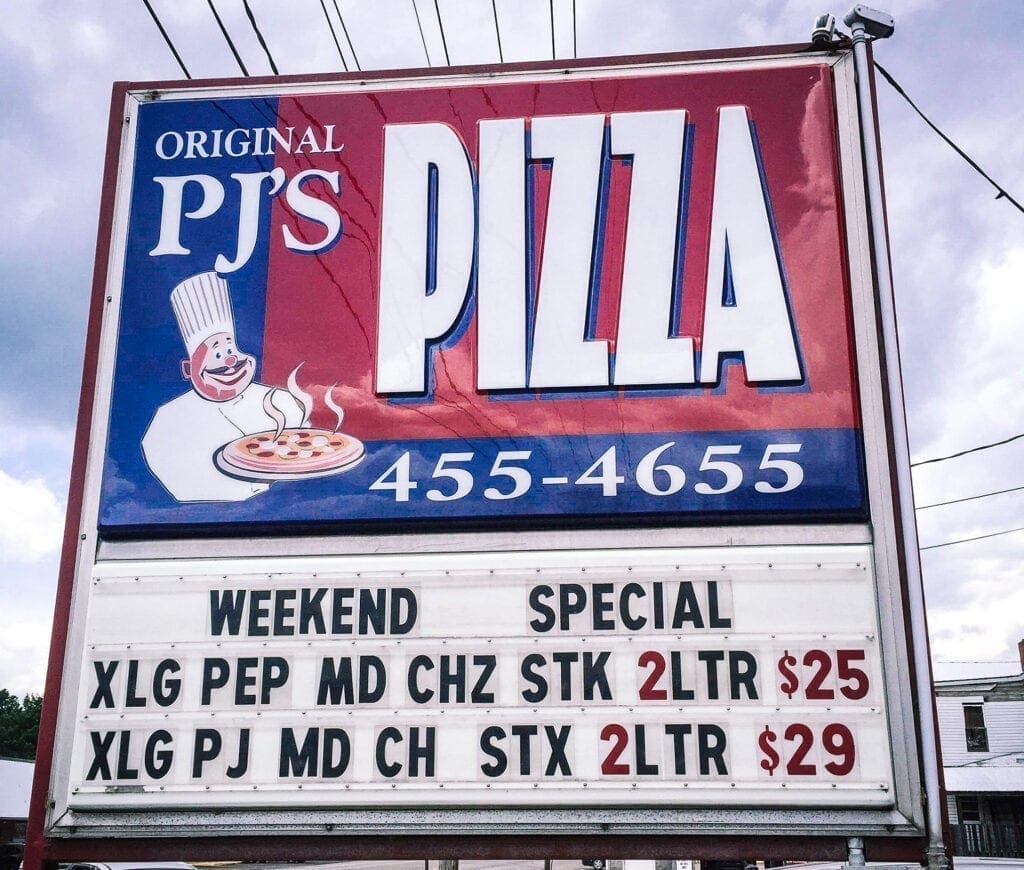 The old Original PJ's Pizza Sign.