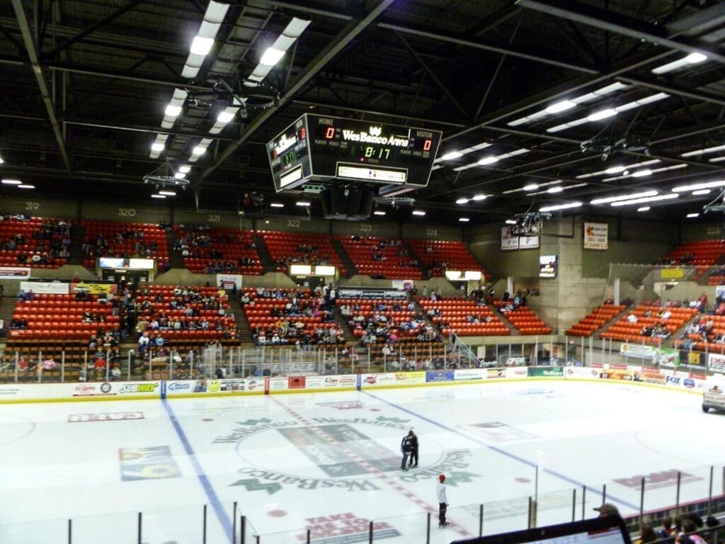 The interior of a hockey rink.