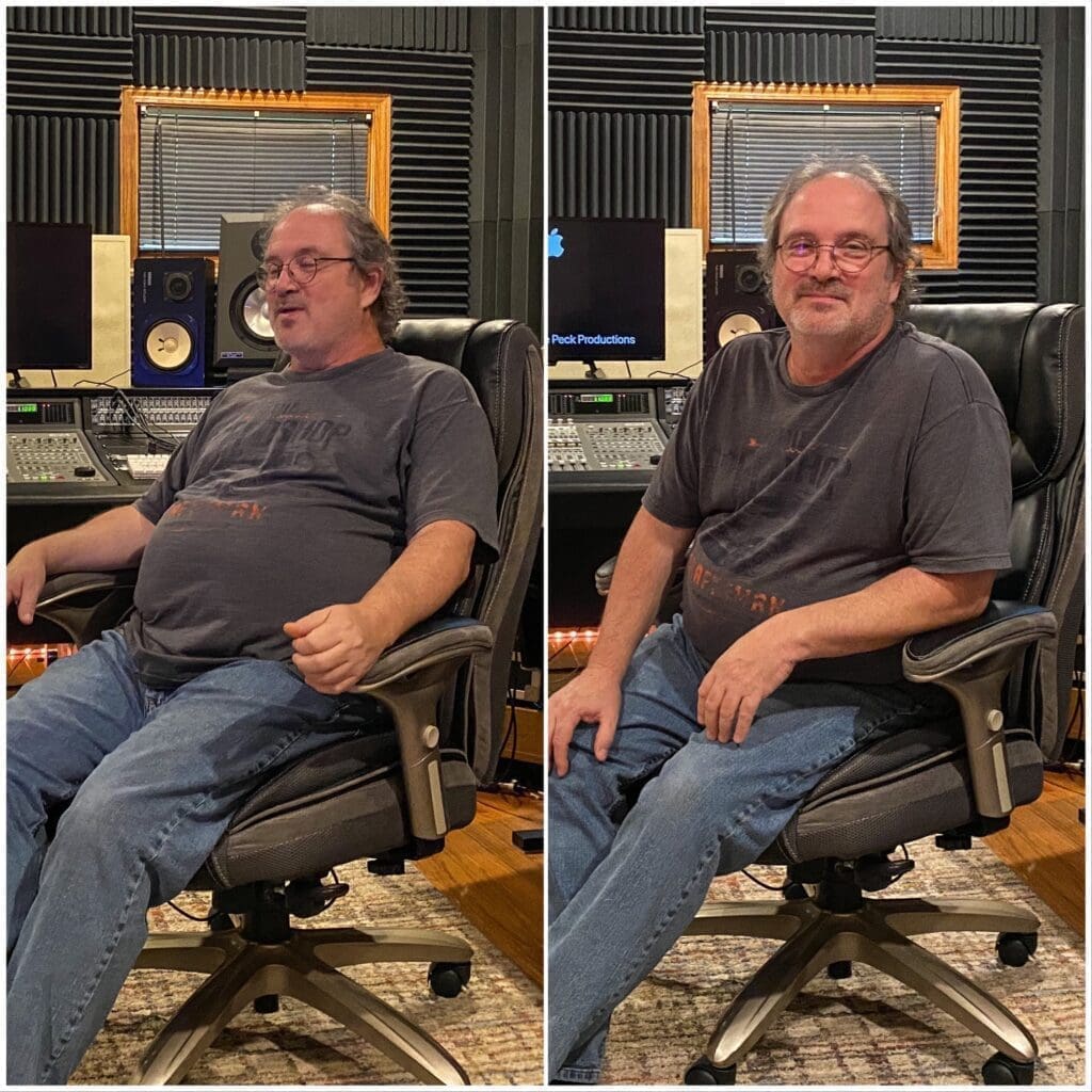 A man sitting in a chair in a studio.