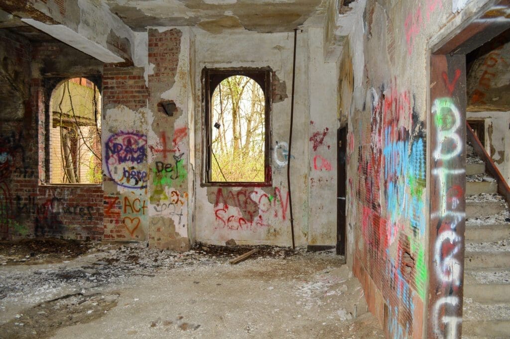 The inside of the mansion has been vandalized often.