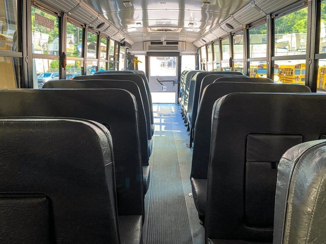 The inside of a school bus.