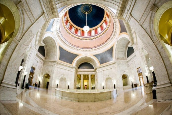 The interior of a building.