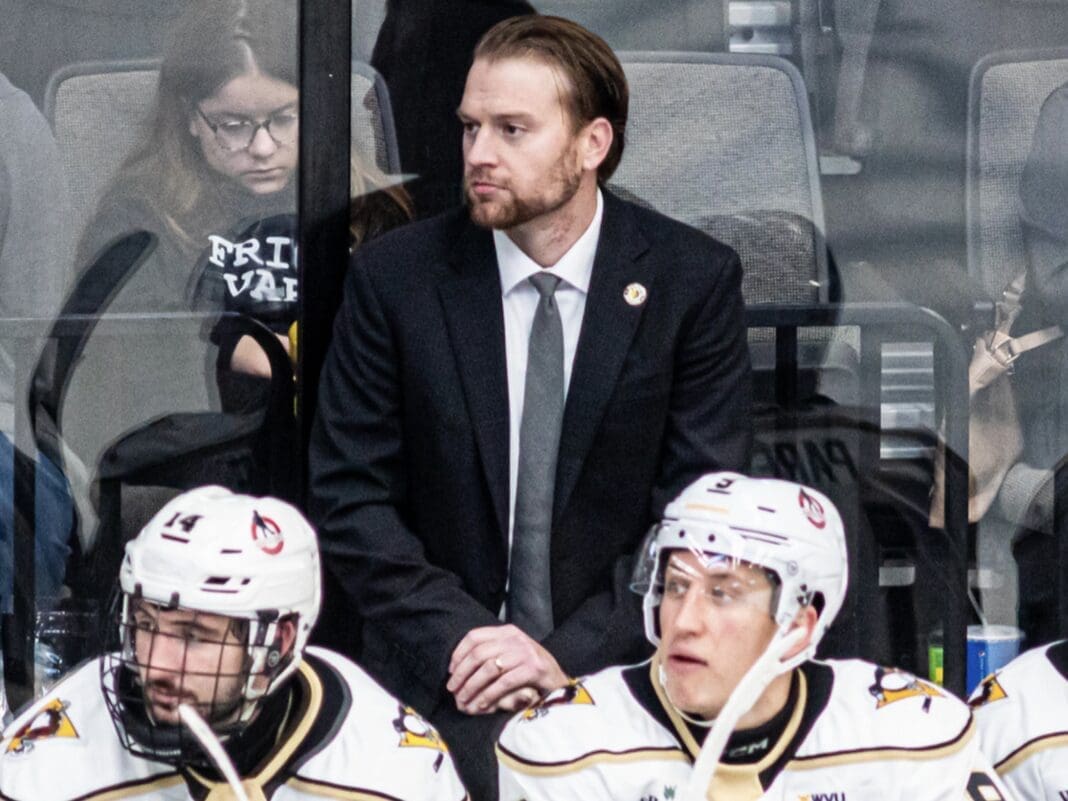 A coach behind his hockey players.