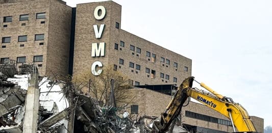 A building being demolished.