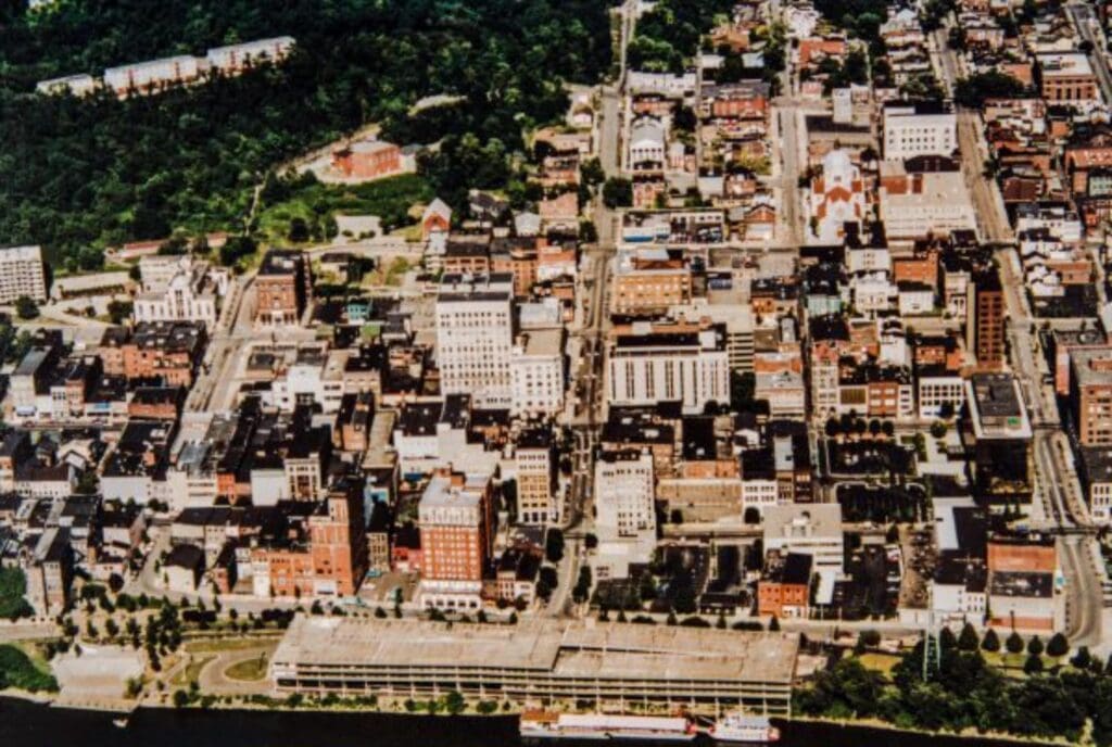 An aerial shot of a downtown during the mob years.