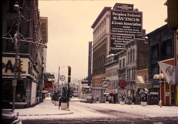 A street in a downtown.